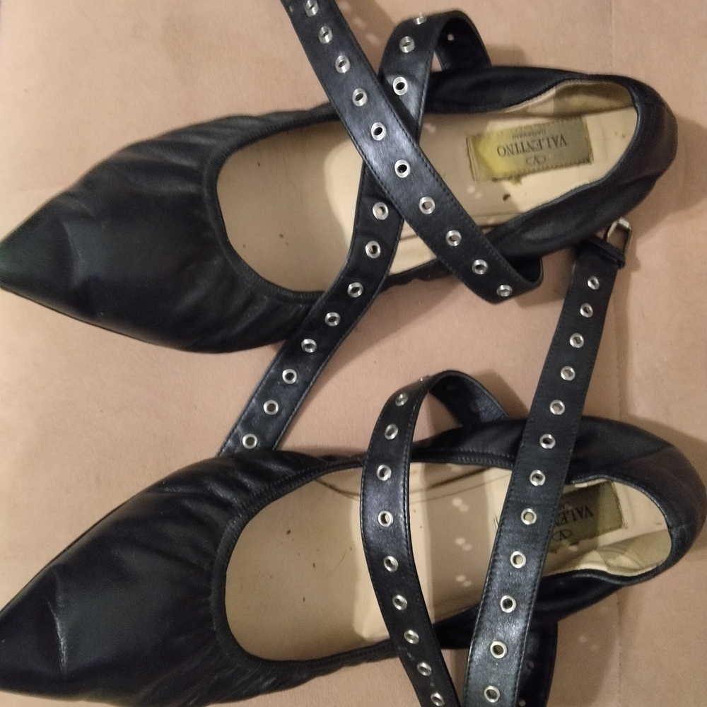 Valentino Black Leather Flats with Studded Straps